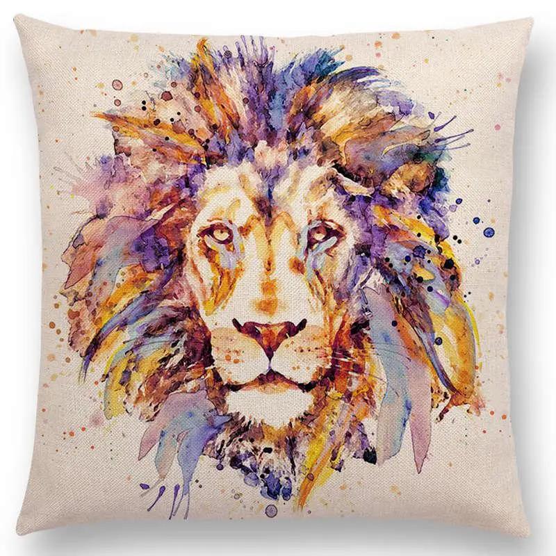 Watercolor Animals Cushion Cover Portrait Head Bighorn Lion Leopard Tiger Bear Eagle Horse Dogs Home Sofa Throw Pillow Case