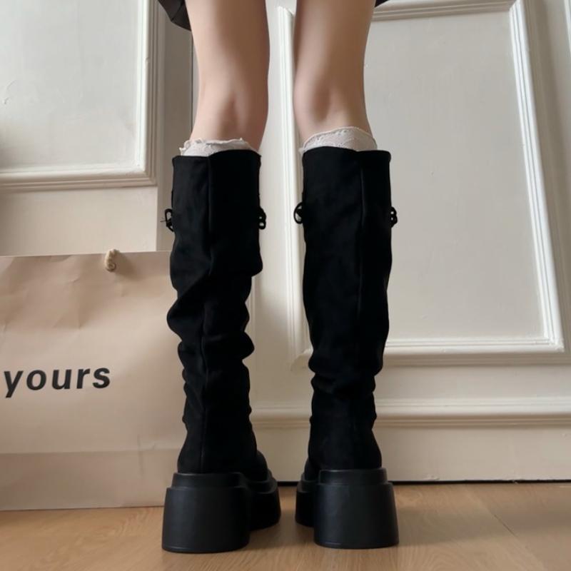 Платформа Толстый Каблук Женские Вестерн Высокие Сапоги Увеличение Роста Обувь Слипоны Осень Зима Женские Панк Винтаж Длинные Ботильоны