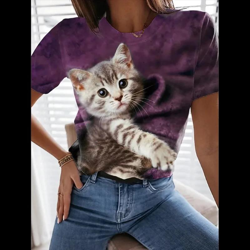Женская 3D Милая Футболка с принтом кота Модные женские футболки Топы Harujuku Kawaii Oversize Летний топ с круглым вырезом Женская одежда