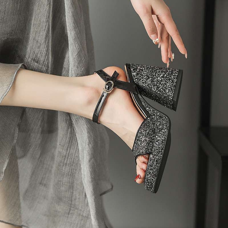 Krazing Pot Sequin Cloth Peep Toe Super High Heels Summer Shoes Buckle Straps Modern Party Fashion Women Sandals