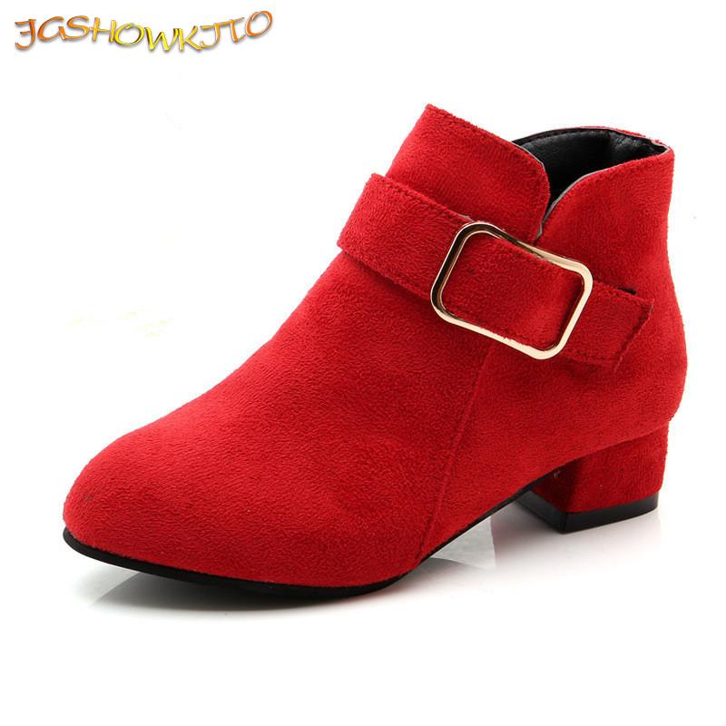 Girls Tide Boots Shoes Spring Autumn Flock Leather Children Boots Fashion Kids Boots Warm Winter Boots Botas High Heels Buckle