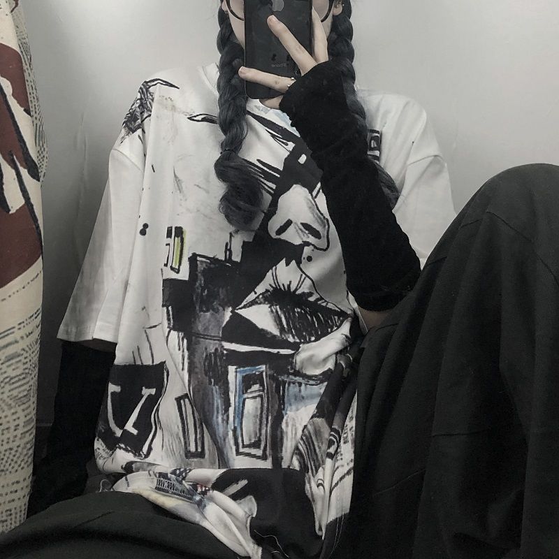 Винтажная готическая футболка в стиле Харадзюку с граффити, женская уличная одежда с короткими рукавами, летние футболки большого размера в корейском стиле с рисунком