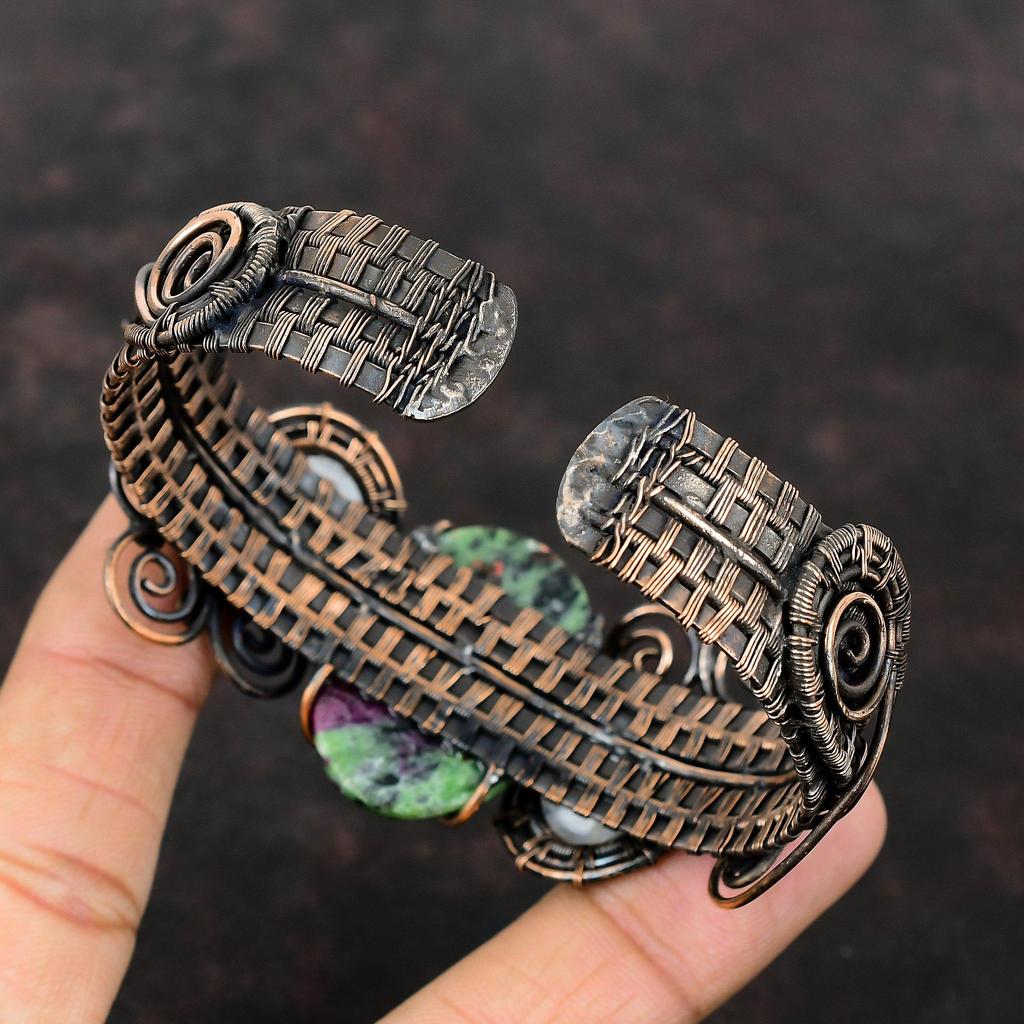 Ruby Zoisite Cuff Bracelet Copper Wire Wrapped Gemstone Cuff Rainbow Moonstone Bangle Handmade Jewelry Adjustable Cuff Bracelet Gift For Mom