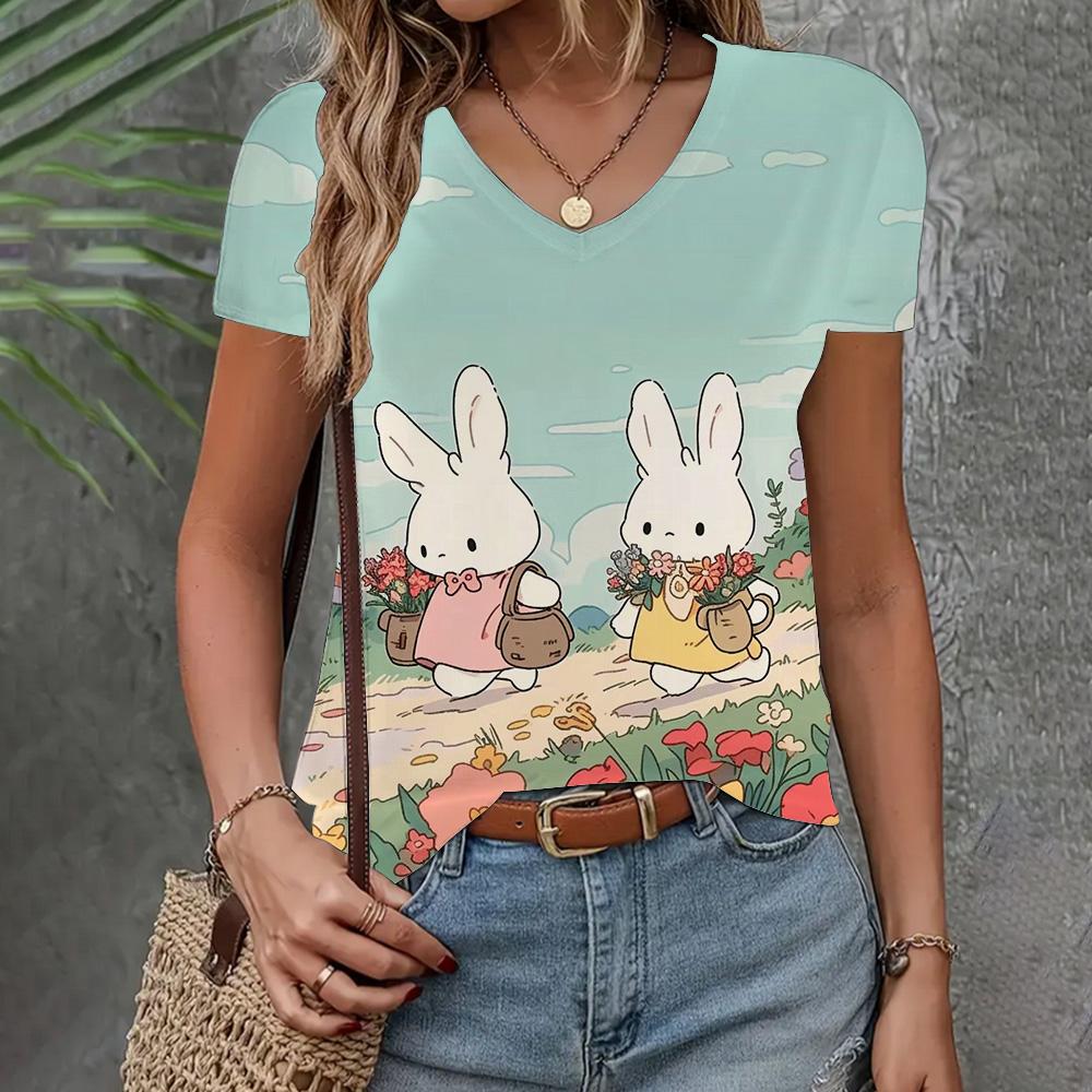 Летняя женская одежда Футболка Повседневная Свободная футболка с коротким рукавом с рисунком кота и комиксами Модная одежда с V-образным вырезом Элегантная женская футболка