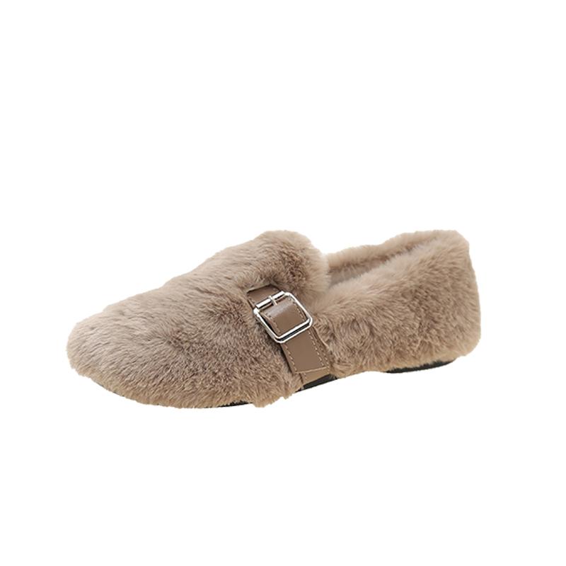 Модные повседневные женские туфли Женские мокасины с мехом и круглым носком Элегантные туфли с неглубоким носком Новые зимние туфли без застежек из флокированной ткани