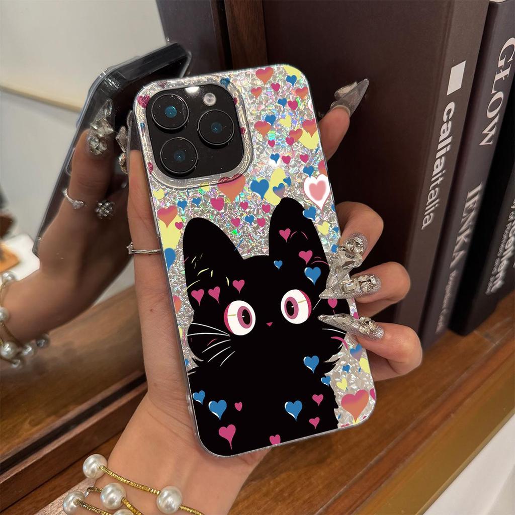 Акриловая задняя панель TPU бампер для iphone XS Max 16 Plus 15 17 Pro XR 13 12 Air 11 14 18 Pro Max Черный Кот и Сердца hone Чехол Ударопрочная Крышка