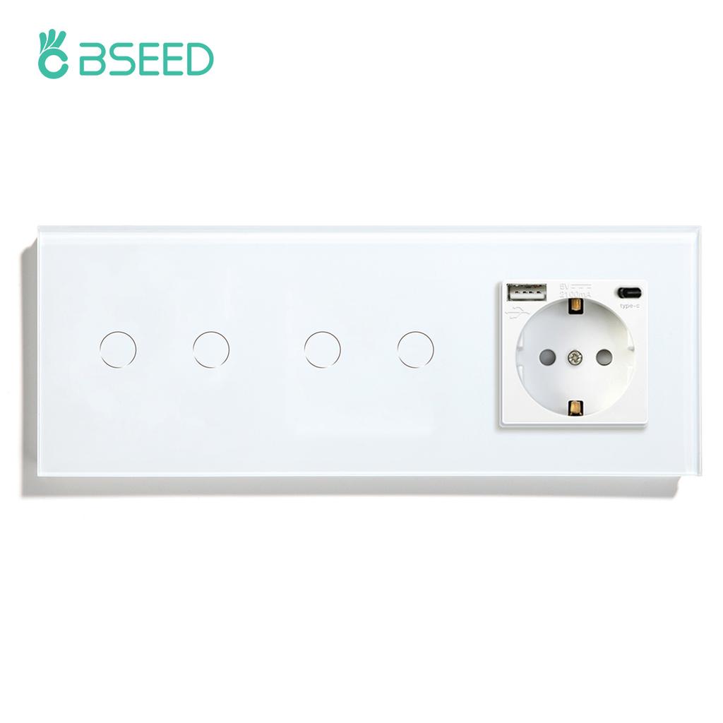 BSEED Двойные сенсорные настенные выключатели 1/2/3 клавиши 1-направленные светодиодные выключатели света Плюс розетка EU Type-C USB-розетки Стеклянная панель Синяя подсветка