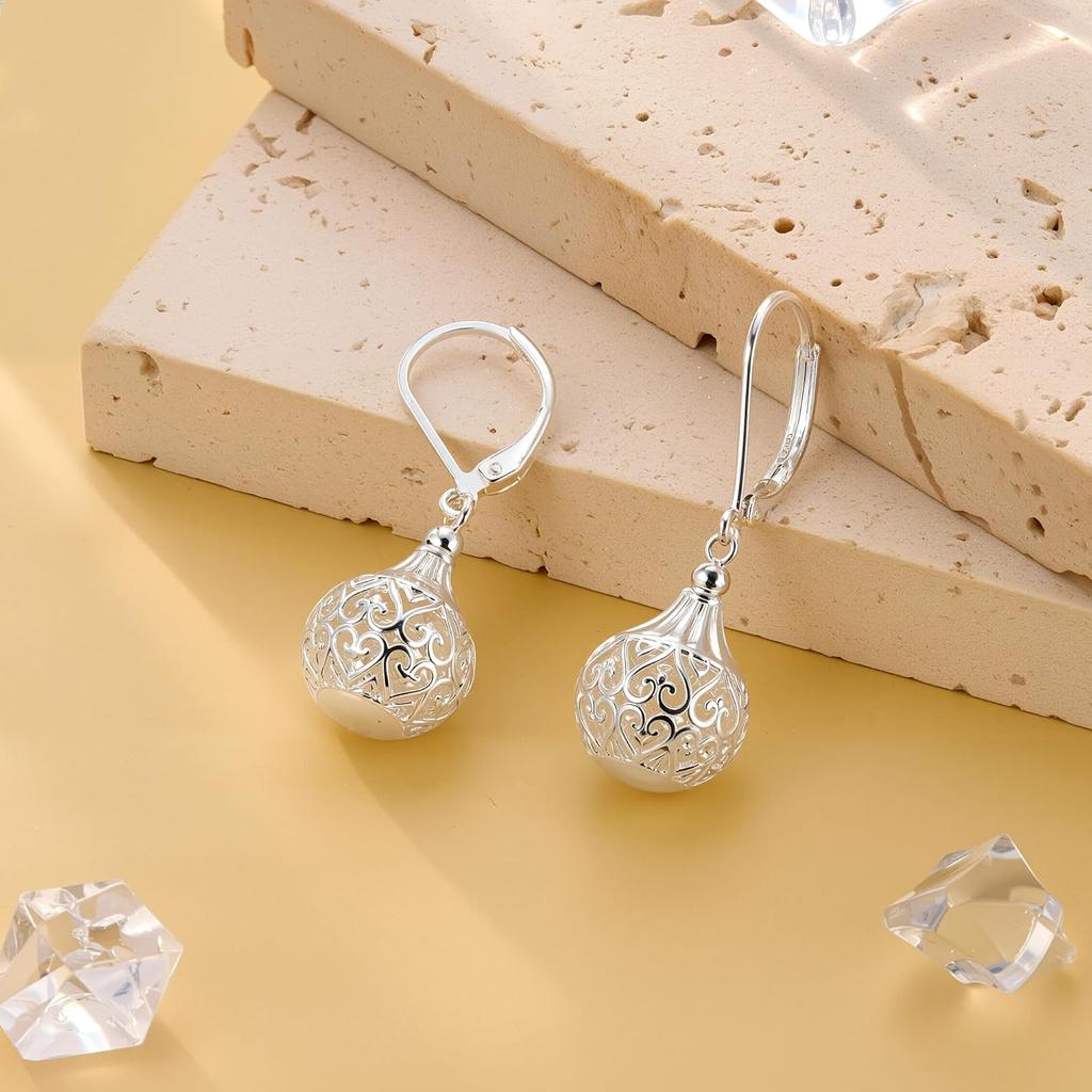 925 Sterling Silver Earrings Hypoallergenic Leverback 14K Gold Plated Dangle Ball Filigree Earrings Women Vintage Dangly Earings