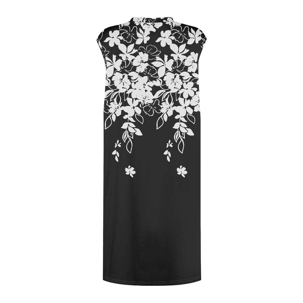 Женское повседневное и модное платье средней длины с круглым вырезом и без рукавов с принтом