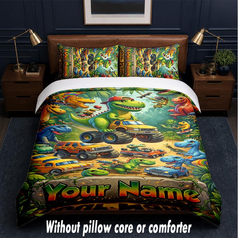 Dinosaur Theme Custom Text Or Name 3Pcs Bedding Set,1 Flat Sheet & 2 Pillowcases Personalized Home Bedding