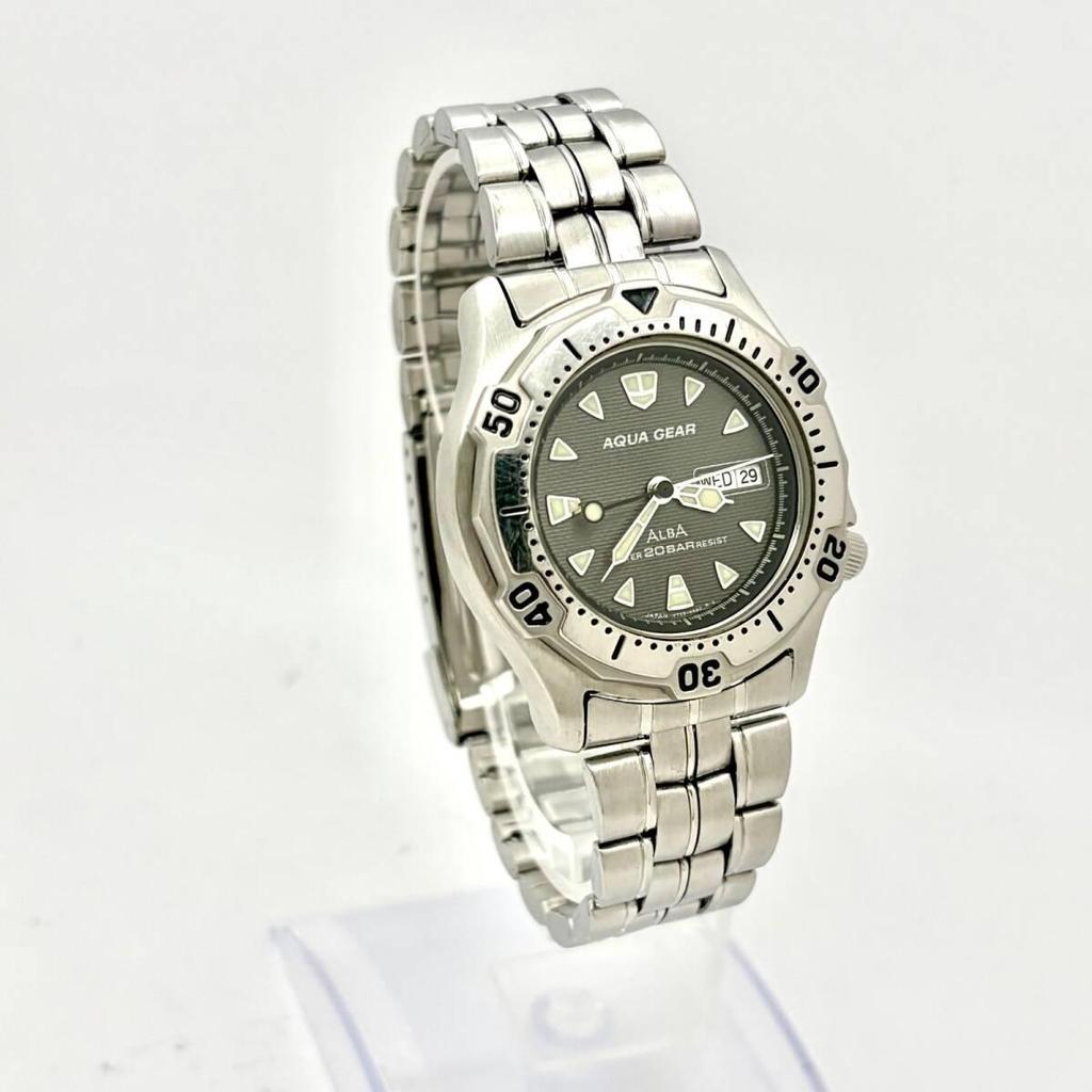 Б/у [Новая батарейка] Мужские часы SEIKO ALBA AQUA GEAR Вращающийся безель Серебристый День-Дата V733-6A40 411001