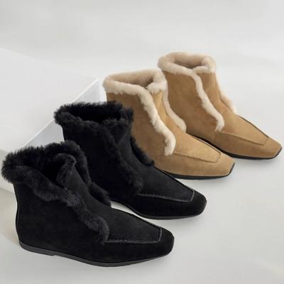 Версия из овчины~ Корейская версия нишевые квадратный носок плоская подошва бархатные теплые зимние сапоги женские осенне-зимние пушистые туфли хлопковые сапоги короткие сапоги