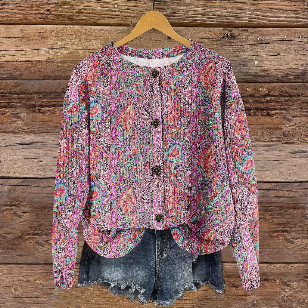 Women's Vintage Knit Button Vintage Print Cardigan Jacket