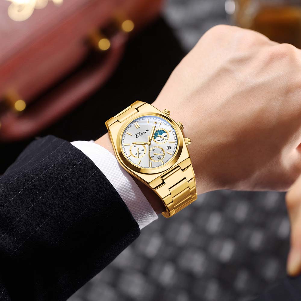 CHENXI Men's Multifunctional Wristwatch Calendar Moon Phase Chronograph Stylish Luminous Waterproof Men's Quartz Watch