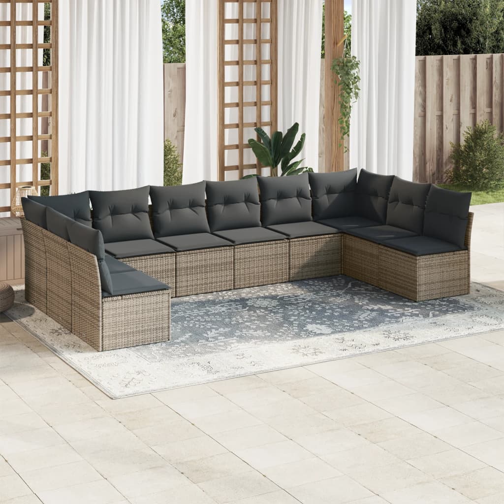 10 Piece Grey Garden Sofa Set with Cushions Poly Rattan