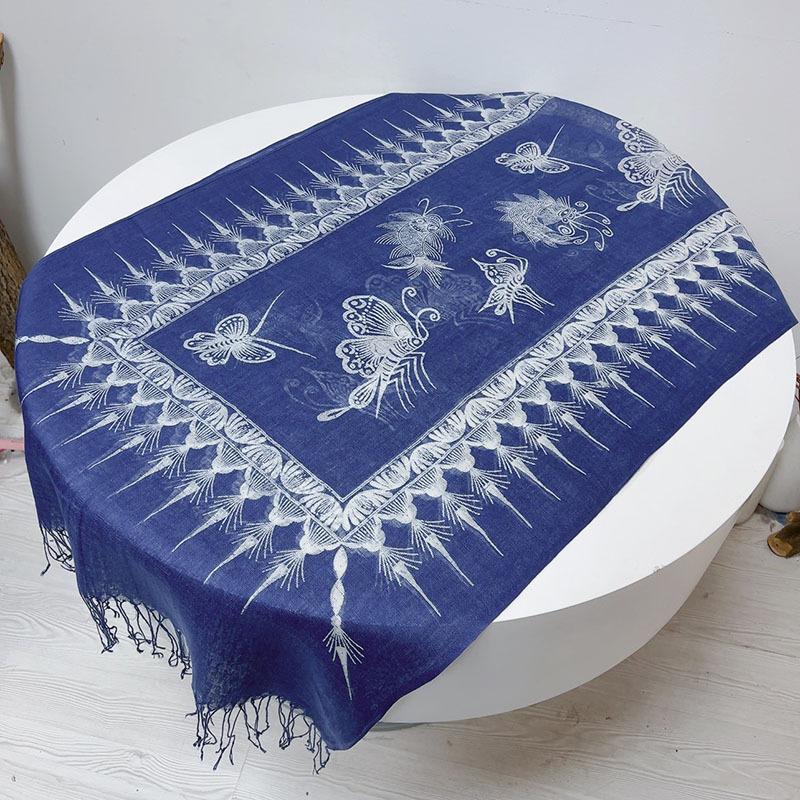 Linen Tie-Dye Scarf Gradual Change Blue Dye Batik Scarf Women'S Style Shawl Fringed Warm Silk Scarf