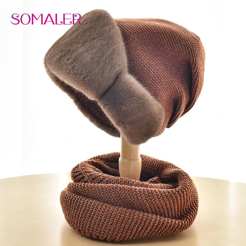 SOMALER Зимняя вязаная шапка с полями из цельного натурального норкового меха, женская шерстяная шапка, комплект с шарфом, теплая вязаная шапка