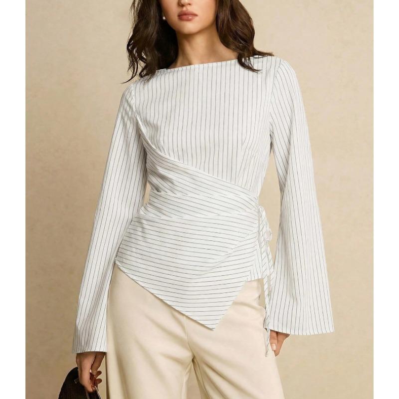 Women S Long Sleeve Striped Irregular Waist Design Shirt
