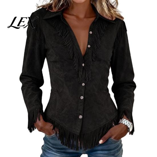 Lightweight Women Shirts Tassel Shirt for Autumn, Button Down Slim Fit Fringe Long Sleeve Top Blouse, Solid Color Casual Top, Western Cowgirl Outfit