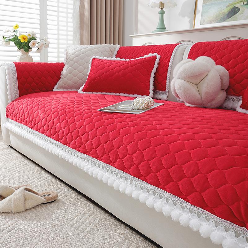 Cream Wind Crystal Fleece Sofa Cushion Winter New Thickened Plush Seat Cushion Living Room Non-Slip Sofa Cover