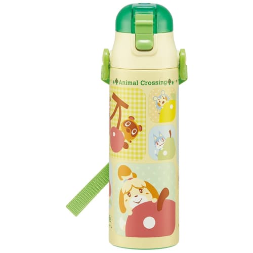 Skater Kids' Stainless Steel Water Bottle, 2-Way Design, 580ml (Direct Drinking) or 570ml (Cup Drinking), Animal Crossing Design, Lightweight and Chil