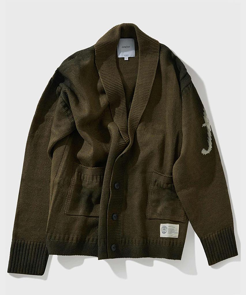 Ffeff Studio Vintage Washed Ffeff Logo Shawl Collar Cardigan (Khaki)
