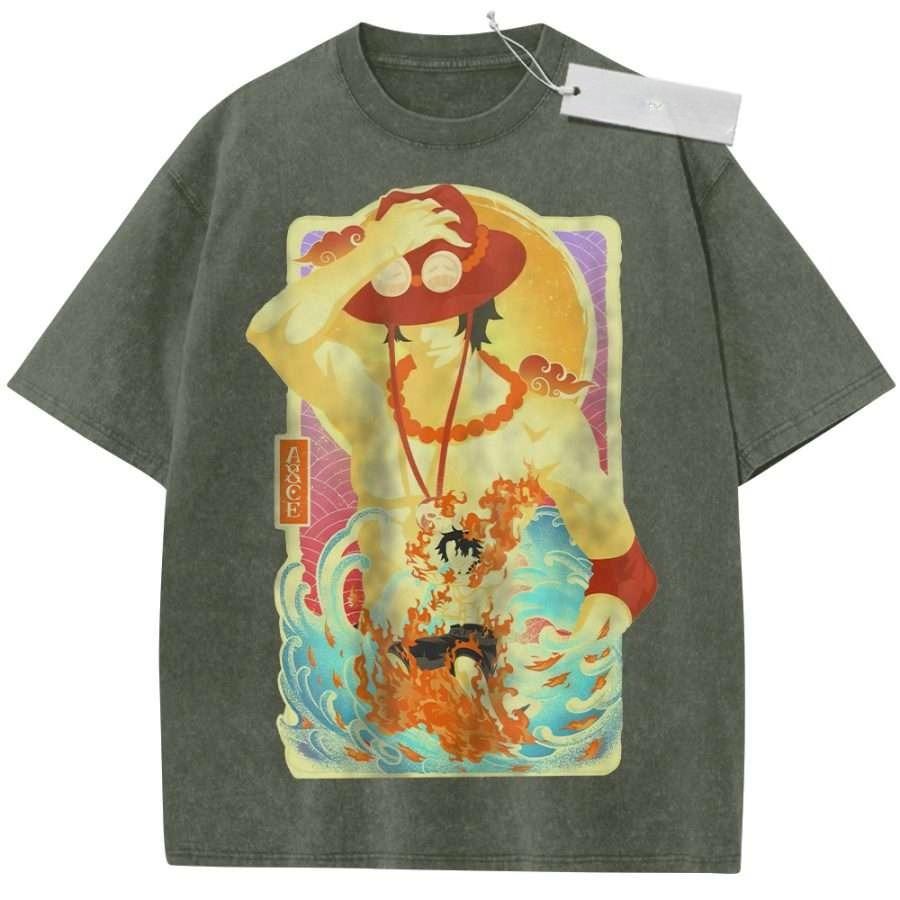 Unisex Washed Pink Vintage Tshirt One Piece Ace Flame and Wave Highquality Fabric for Home Leisure Travel Shopping