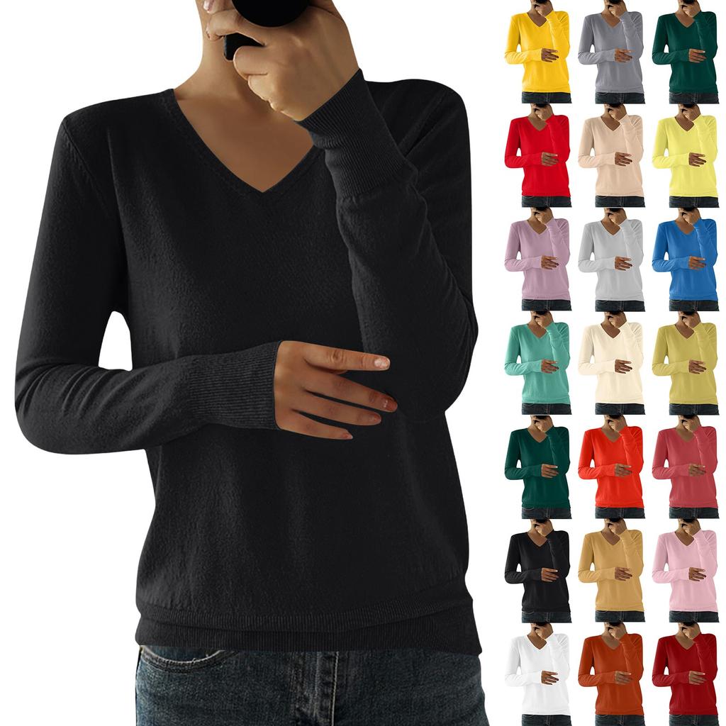 Women's Fashion Loose Knit Sweater Bottom Shirt V-Neck Pullover Long Sleeve Solid Color Top