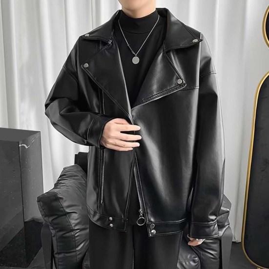 Men Jacket Imitation Leather Motorcycle Style Solid Color Loose Fit Coat Lapel