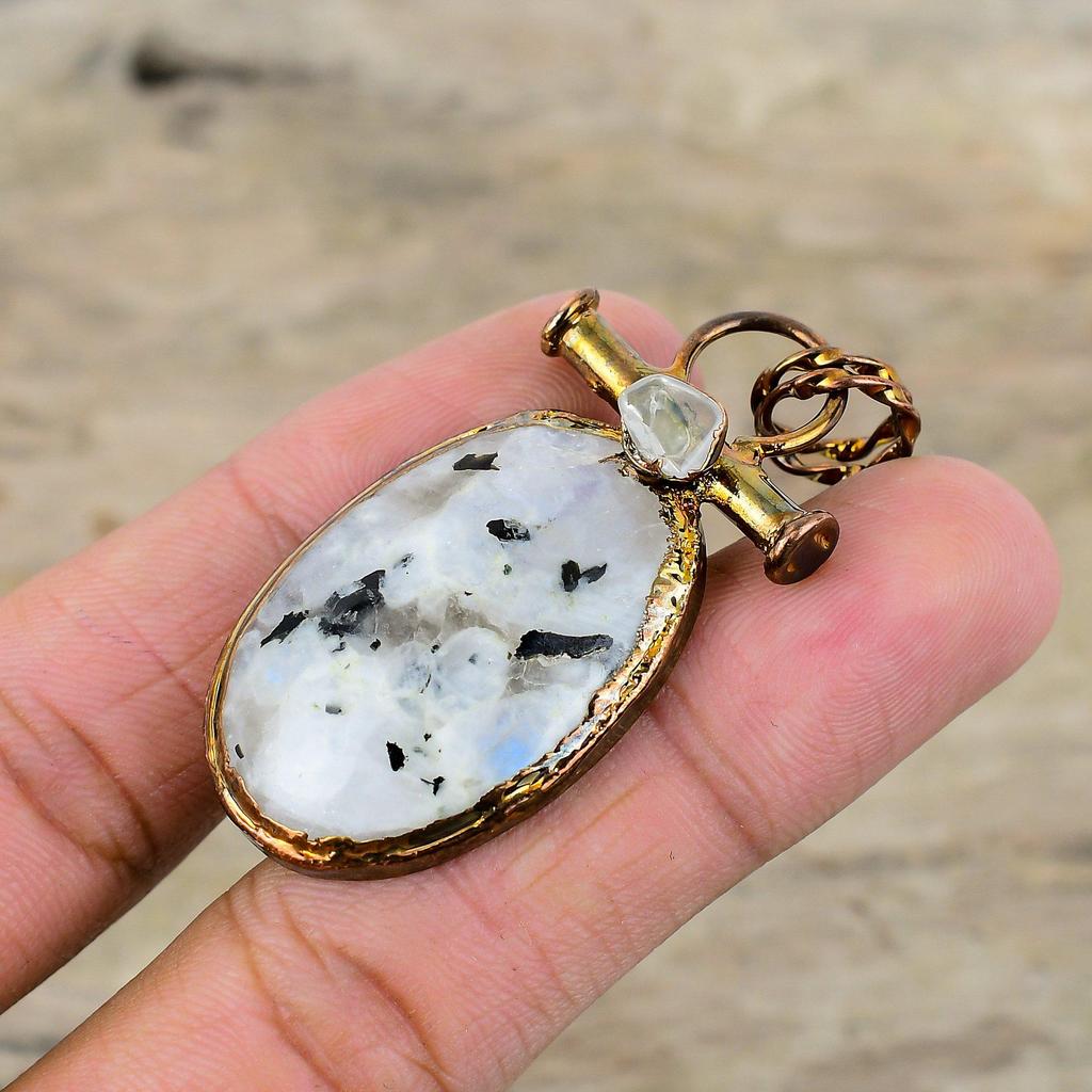 Кулон Rainbow Moonstone, гальванопластическая медная подвеска, изящная подвеска из драгоценного камня, гальванопластическая бижутерия, подарок на годовщину, подвеска ручной работы в стиле бохо