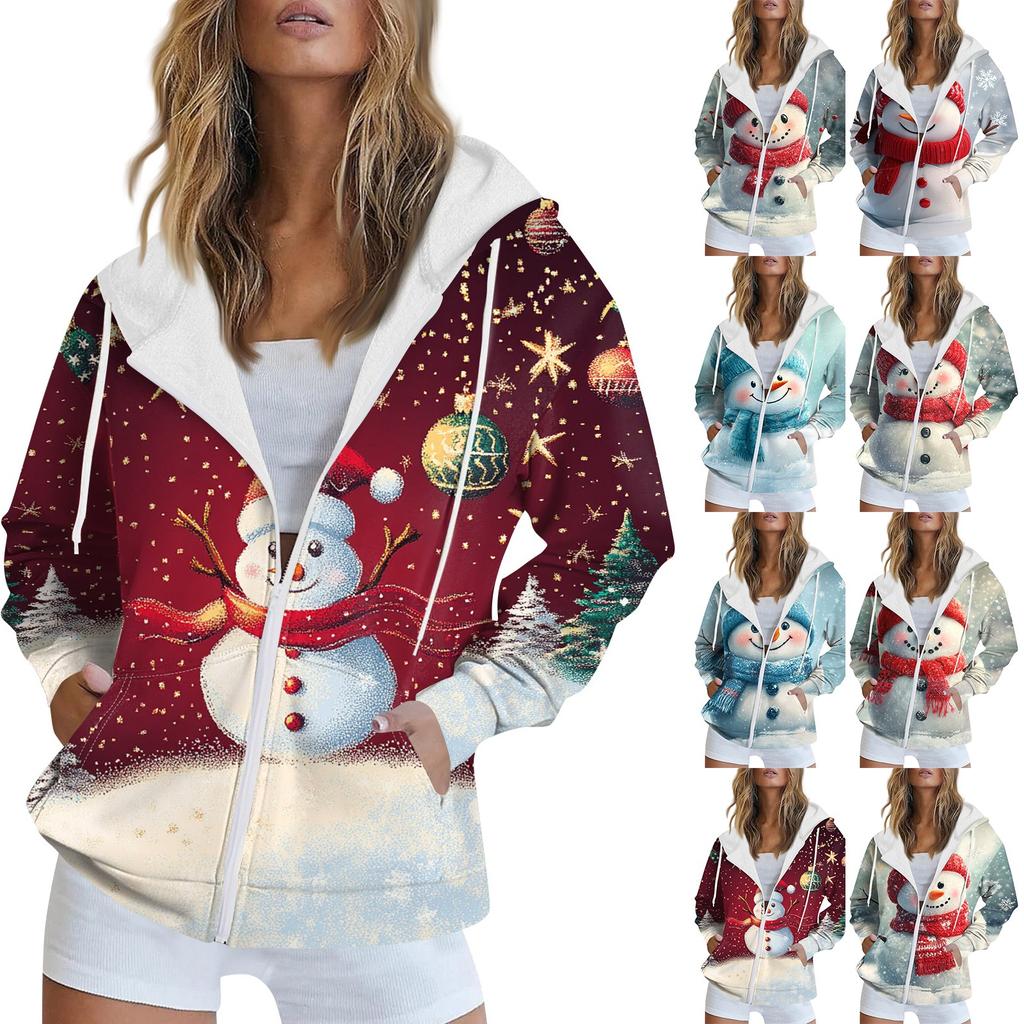 Женская рождественская печатная толстовка осень-зима с длинным рукавом кардиган куртка с карманами на молнии толстовка с капюшоном верхняя одежда