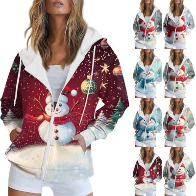 Женская рождественская печатная толстовка осень-зима с длинным рукавом кардиган куртка с карманами на молнии толстовка с капюшоном верхняя одежда