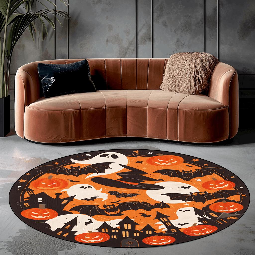 Halloween Bat Pumpkin Round Carpet for Living Room Decoration Sofa Coffee Table Area Chair Mat Non-slip Rugs for Bedroom Bedside