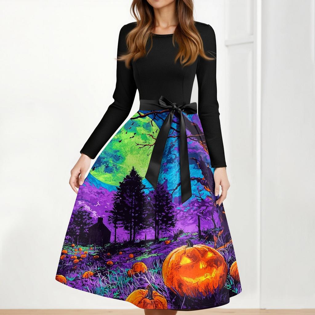 Women's Casual Fashion Halloween Printed Round Neck Vintage Dress