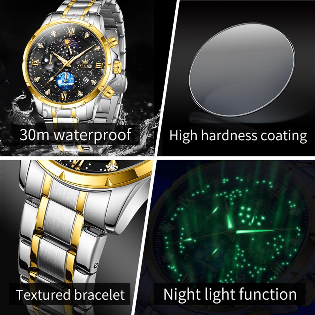 Men's Quartz Multifunctional Chronograph Watch Stainless Steel Waterproof Luminous Diamond Studded Starry Sky Watch