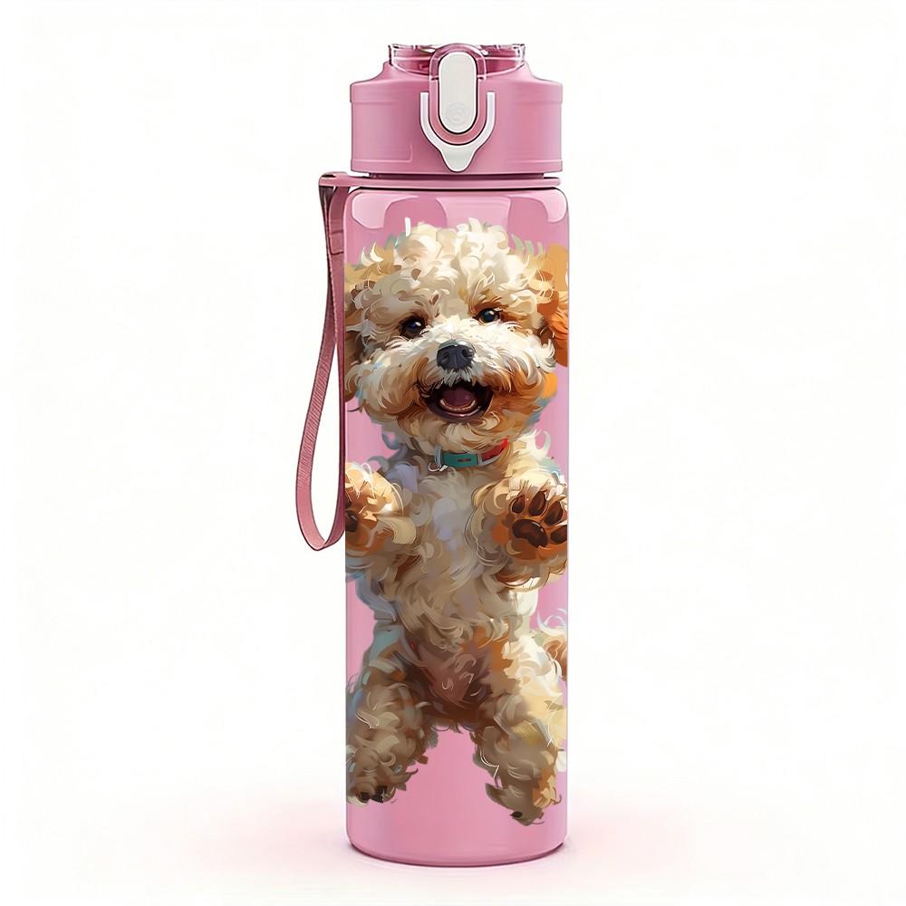 1PC Fluffy Puppy Dog Cute Pet Print 750ml Color Plastic Sports Water Bottle Leakproof Flip Straw Lid Suitable for Sports Office Home Use