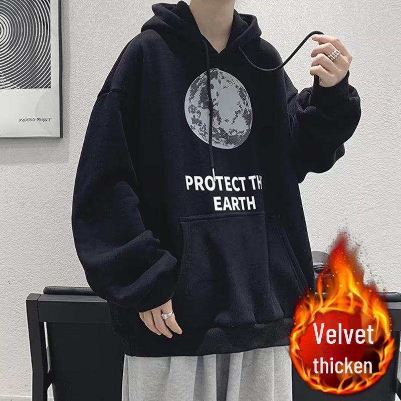 Мужская толстовка с капюшоном на бархатной подкладке в гонконгском стиле: Модный, свободный, универсальный повседневный топ на осень и зиму