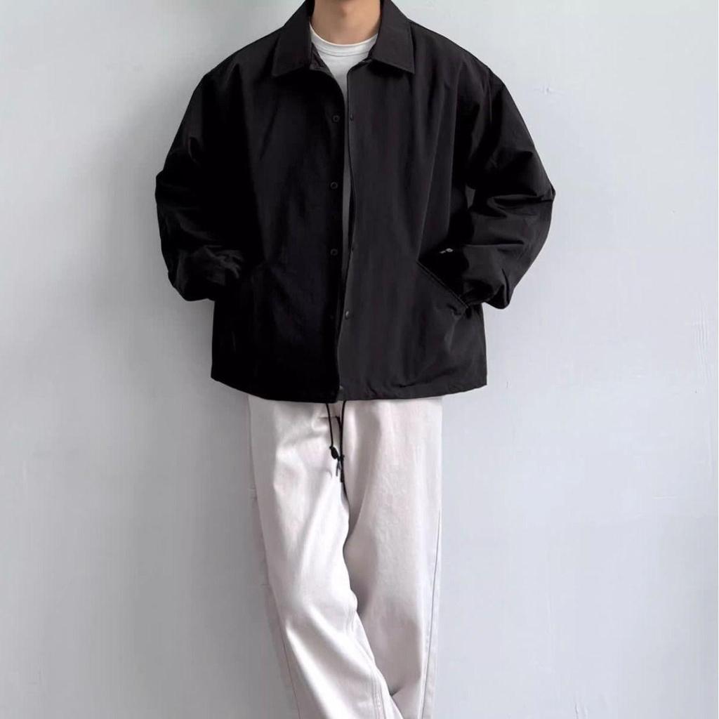 Мужская японская ретро куртка-коуч свободного кроя - отложной воротник, универсальный однотонный цвет, простая рабочая одежда для весны/осени, модный стиль униформы.