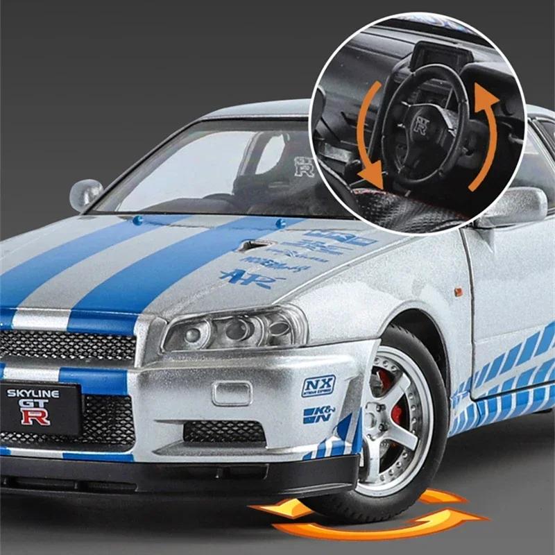 AQG2 1:24 Nissan Skyline Ares GTR R34 Alloy Sports Car Model Diecasts Metal Racing Car Vehicles Model Sound and Light Kids Toys Gifts