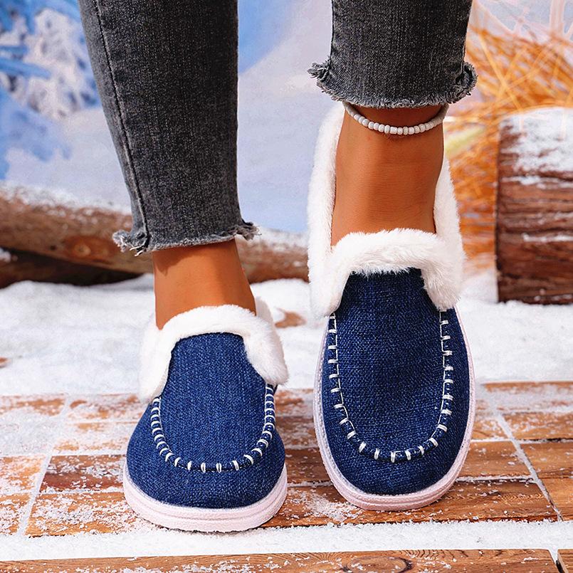 Foreign Trade New Velvet Warm Flat-soled Cotton Shoes Women's Autumn Round Head Foot Cover Large Size Low-top Single Shoes