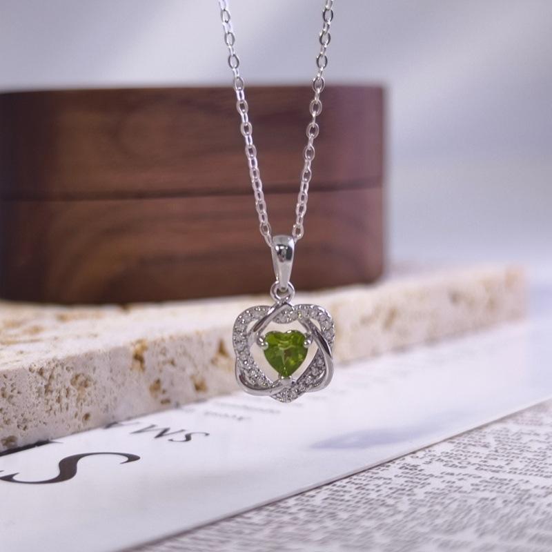 Women's S925 Sterling Silver Double Heart Necklace Natural Crystal Garnet Peridot Clavicle Chain