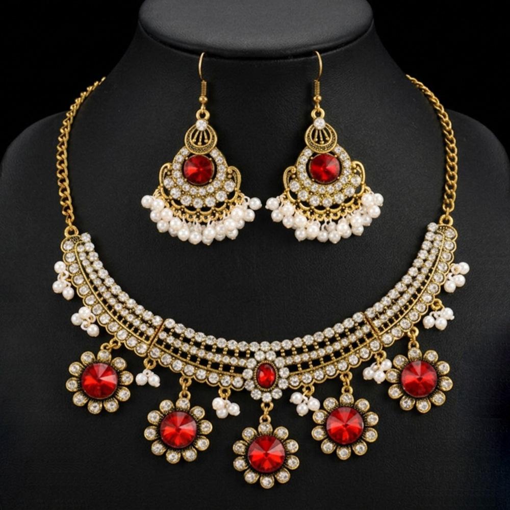 Europe and the United States popular bride jewelry gemstone water drop necklace earrings red series bright diamond jewelry set