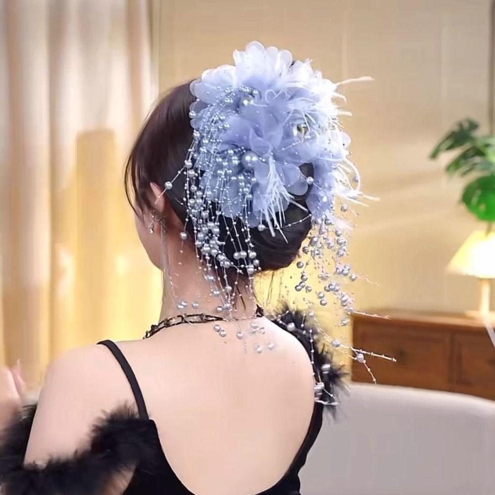 Fashion Cloth Grasping Clip Tassel Four Flowers Hair Claw Feather Flower Pearls Hair Accessories for Girl