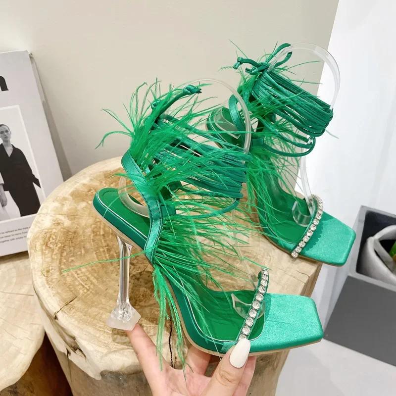 Fashion Sexy/Club Peep Toe Square toe Rhinestone Feathers Sandals Womens Summer Ankle Strap Slim High-heeled Steel Tube Dance Shoe