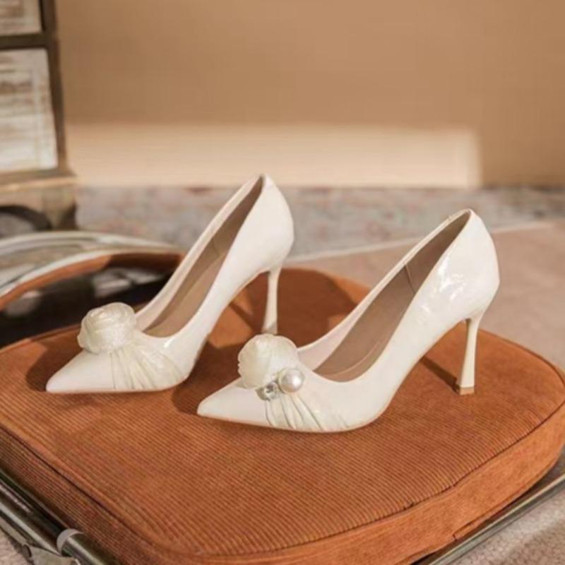 Fashion New Autumn Style Slip-on Stiletto Heels with Pointed Toe and Shallow Mouth, Pearl Flower, Non-slip and Wear-resistant High Heels