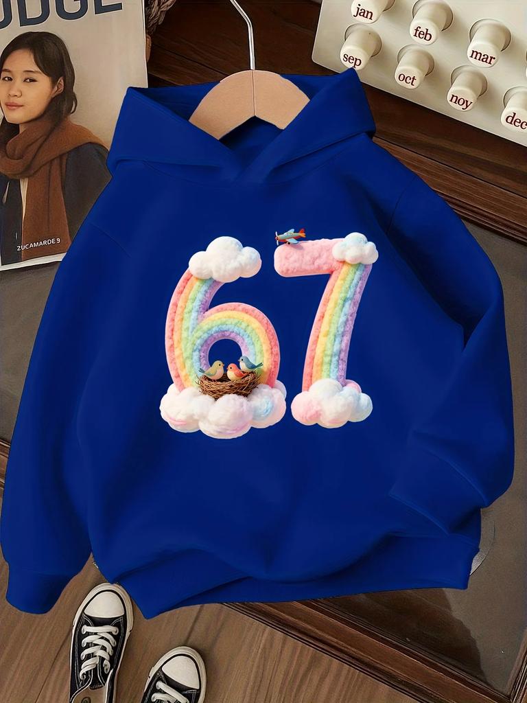 Kids Cute Rainbow Number 67 Print Hoodie Cloud Bird Nest Graphic Pullover Autumn Winter Fleece Warm Casual Hooded Sweatshirt