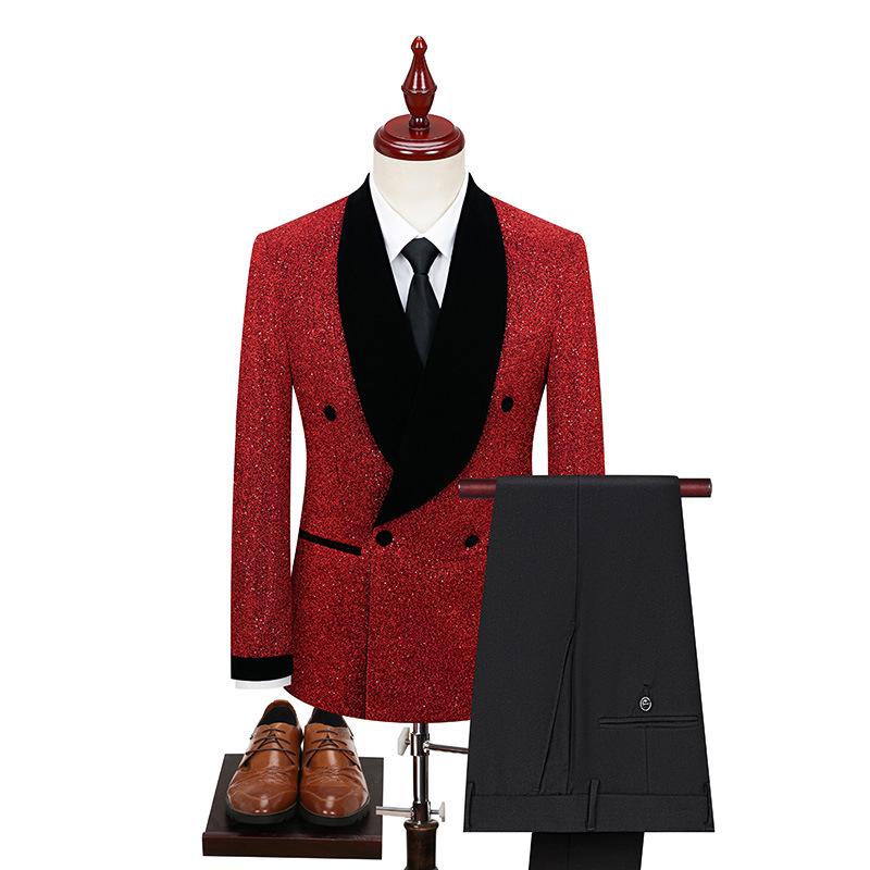 Men's Shiny Performance Costumes: Large Size Suit Jackets, Wedding Attire, Host Suits, and Performing Arts Outfits.