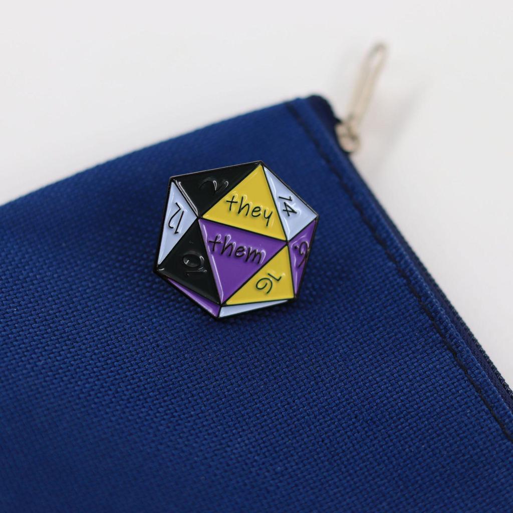 Non-Binary Pronoun DND Dice Badge - Game Merchandise Brooch for Backpack & Clothing Accessories