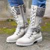 Women Winter Buckle Lace Knitted Mid Calf Boots Low Heel Round Toe Boots Quality Winter Warm Women Botas