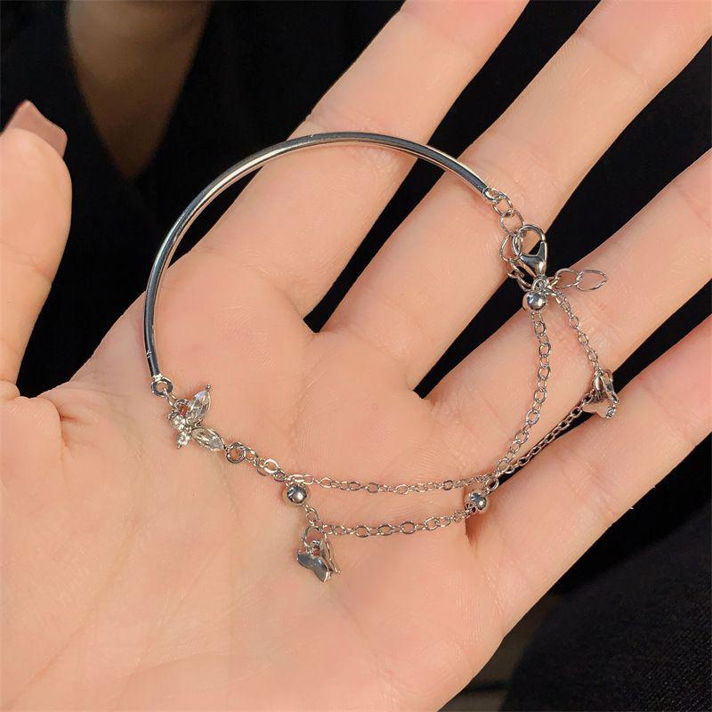 Butterfly Shiny Zircon Silver Color Bangle Light Luxury Multi-Layer Chain Bracelet For Women Hand Accessories Jewelry